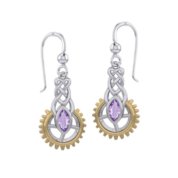 Steampunk Celtic Silver and Gold Accent Earrings with Marquise Gemstone MER2118 - Jewelry